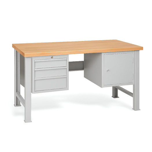 MODULBENCH GE 1500 D3C1 | Werkbank mit 3 Hängeschubladen und Schrank, mit festen Beinen, 1500 mm