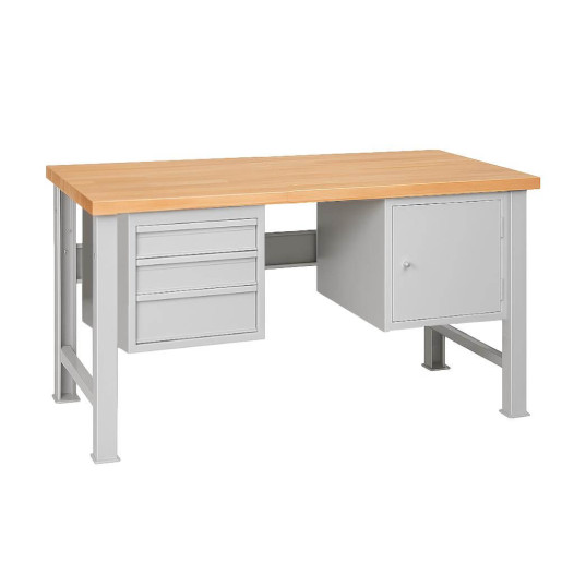 MODULBENCH GE 1500 D3C1 UD | Werkbank mit 3 Hängeschubladen und Schrank, mit verstellbaren Beinen, 1500 mm